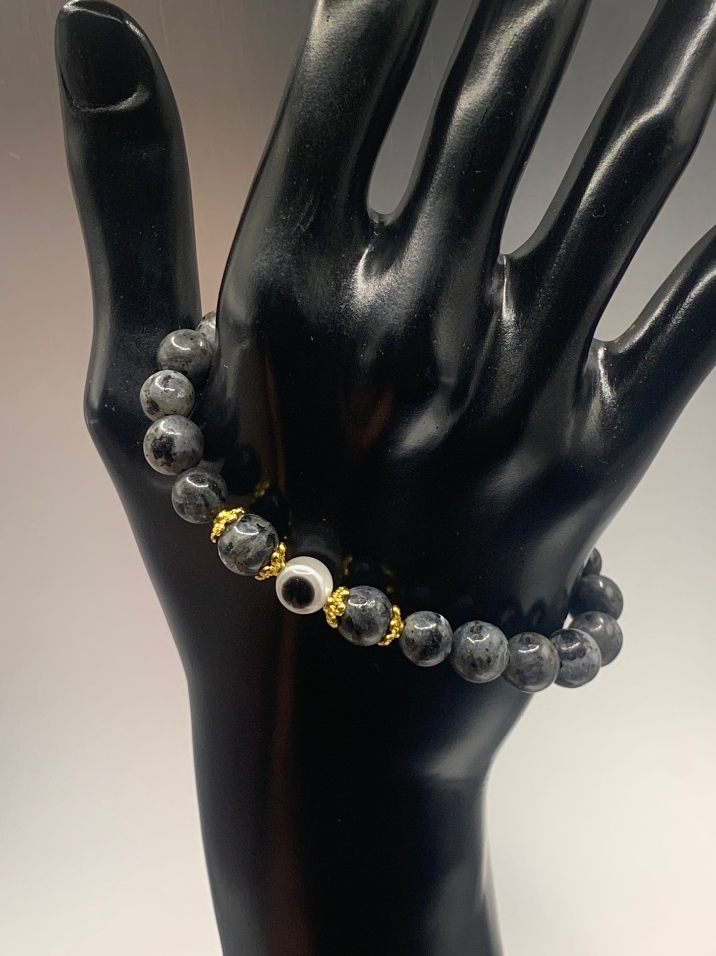 Larvikite semi precious stone/crystal with resin evil eye beaded elastic bracelet