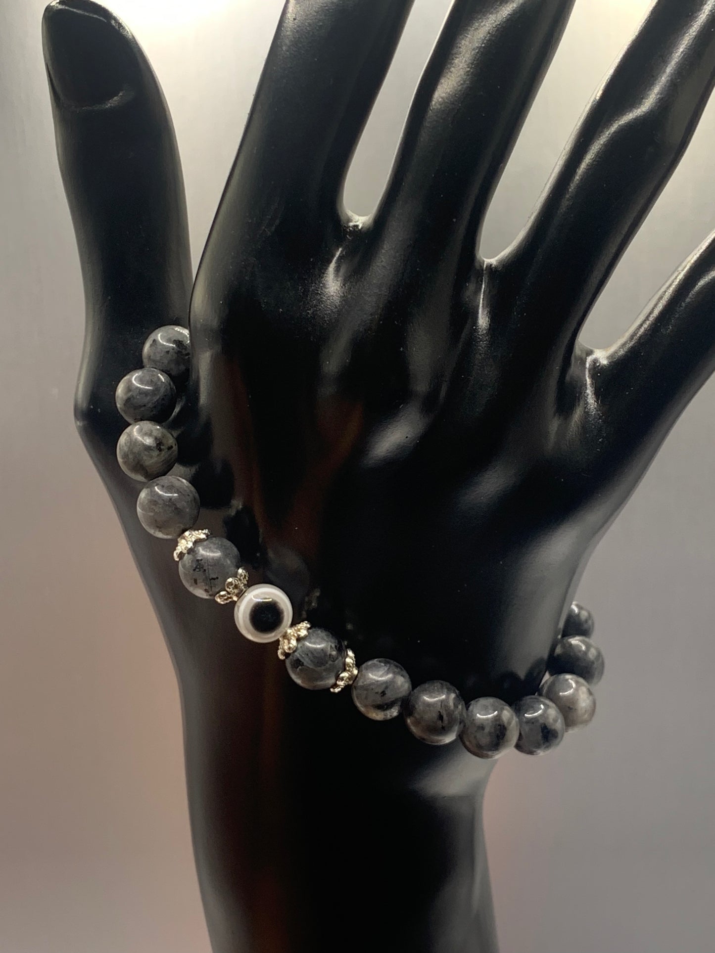 Larvikite semi precious stone/crystal with resin evil eye beaded elastic bracelet