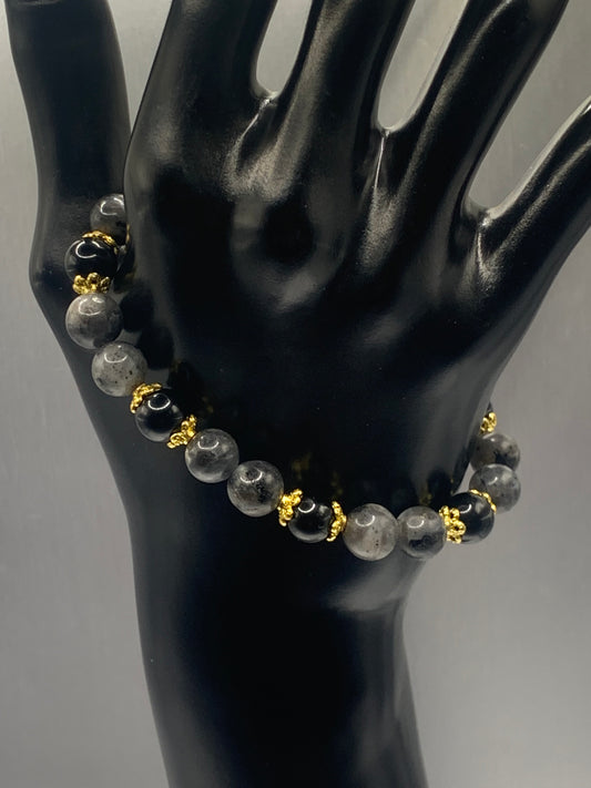 Black obsidian with larvikite semi precious stone/crystal beaded elastic bracelet with gold plated flower bead caps