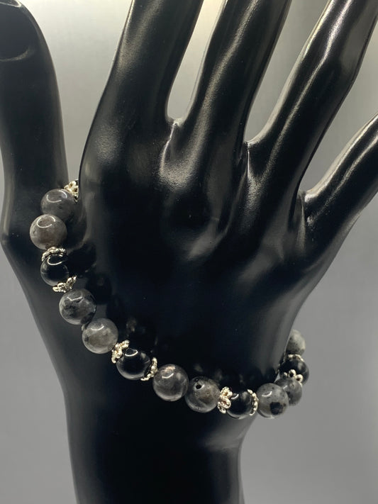Black obsidian with larvikite semi precious stone/crystal beaded elastic bracelet with silver plated flower bead caps