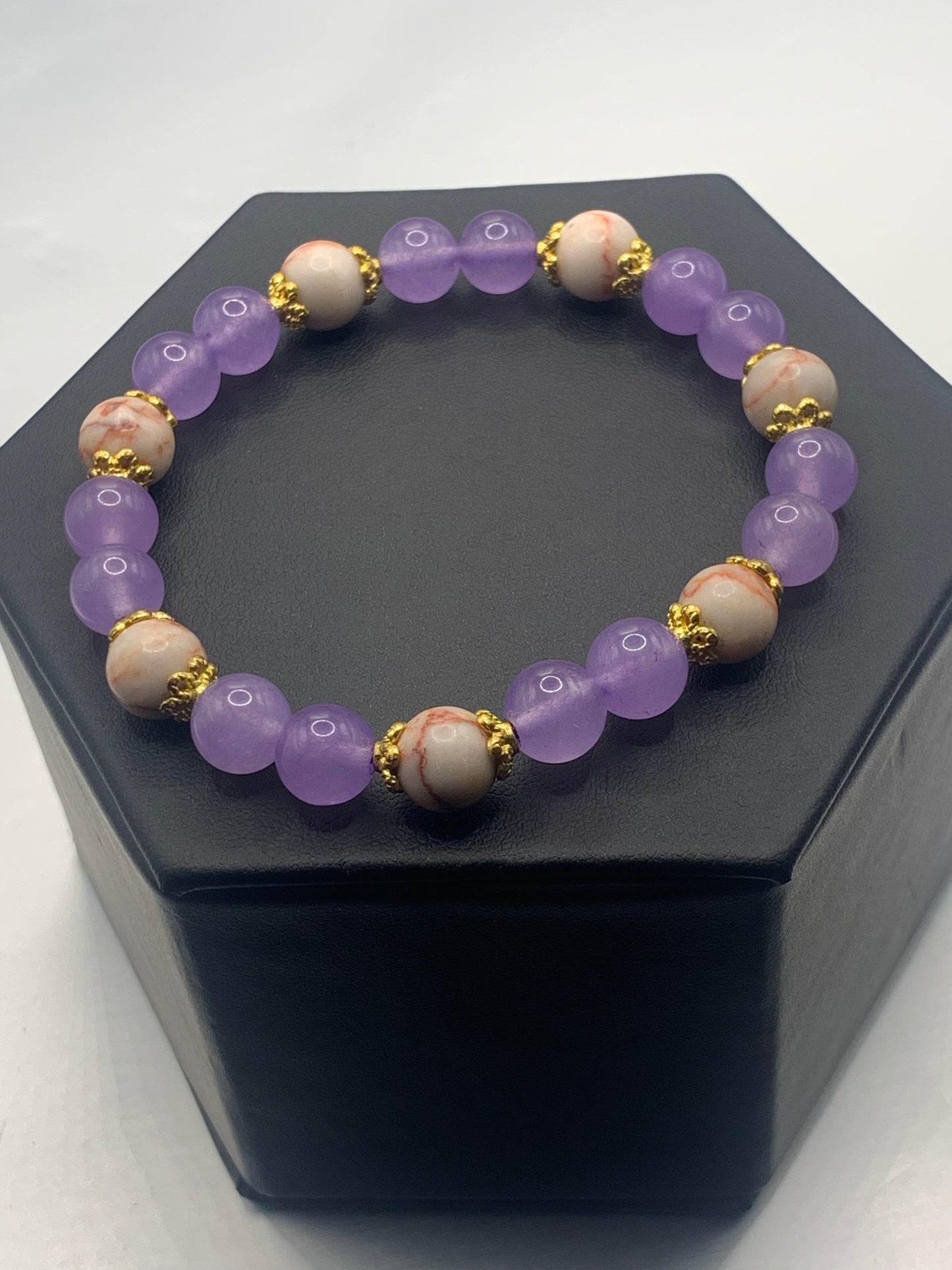 Red vein jasper and lavender agate semi precious stone/crystal elastic beaded bracelet with gold plated flower bead caps
