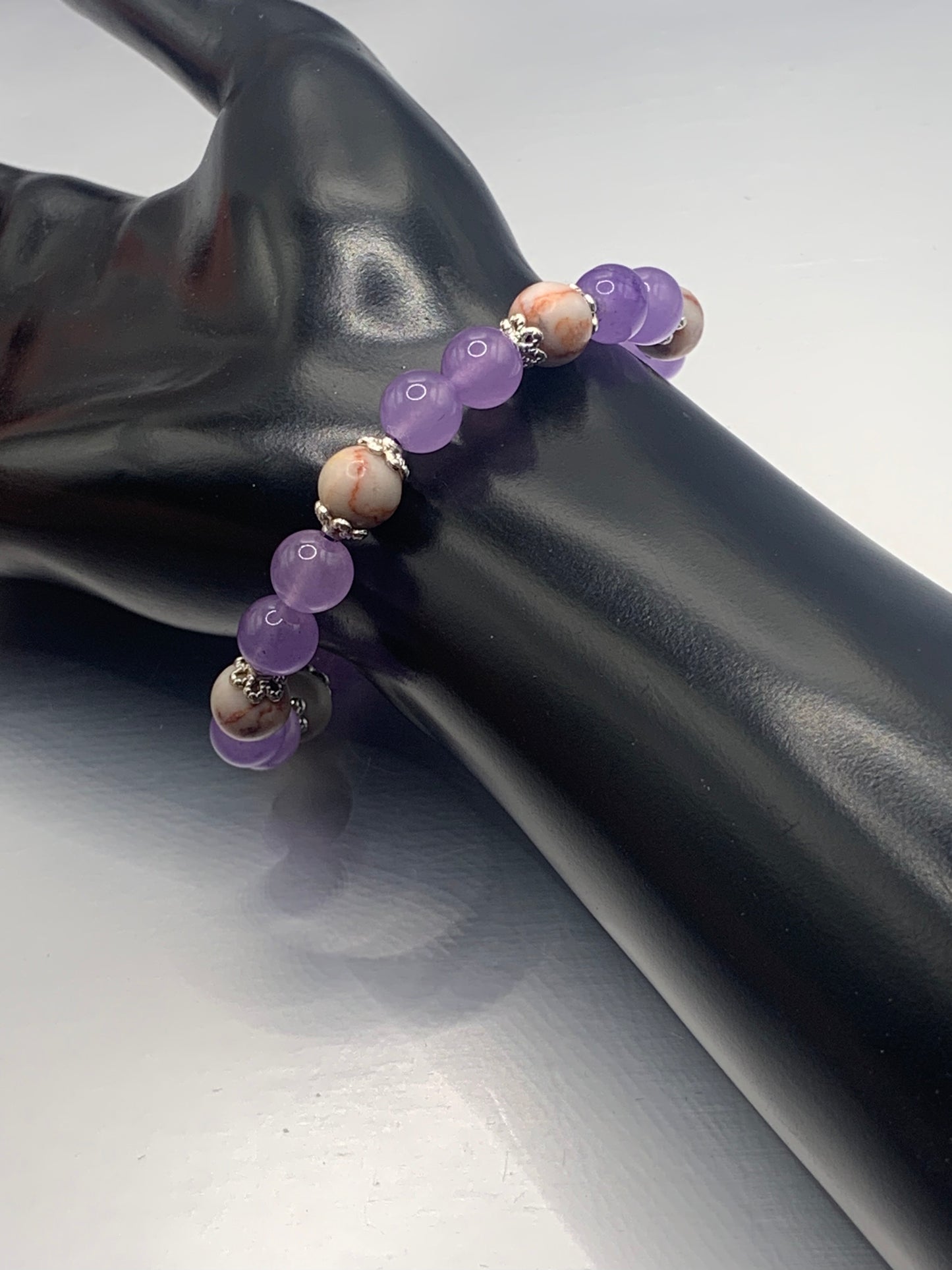 Red vein jasper and lavender agate semi precious stone/crystal elastic beaded bracelet with silver plated flower bead caps