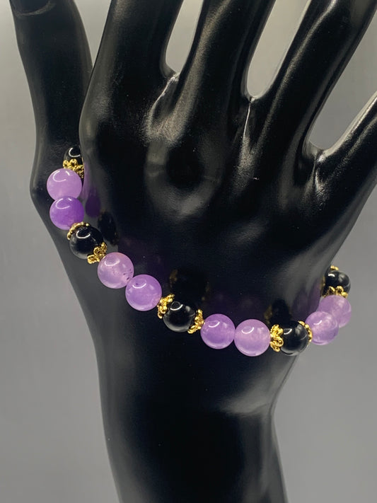 Black obsidian with lavender agate semi precious stone/crystal beaded elastic bracelet with gold plated flower bead caps
