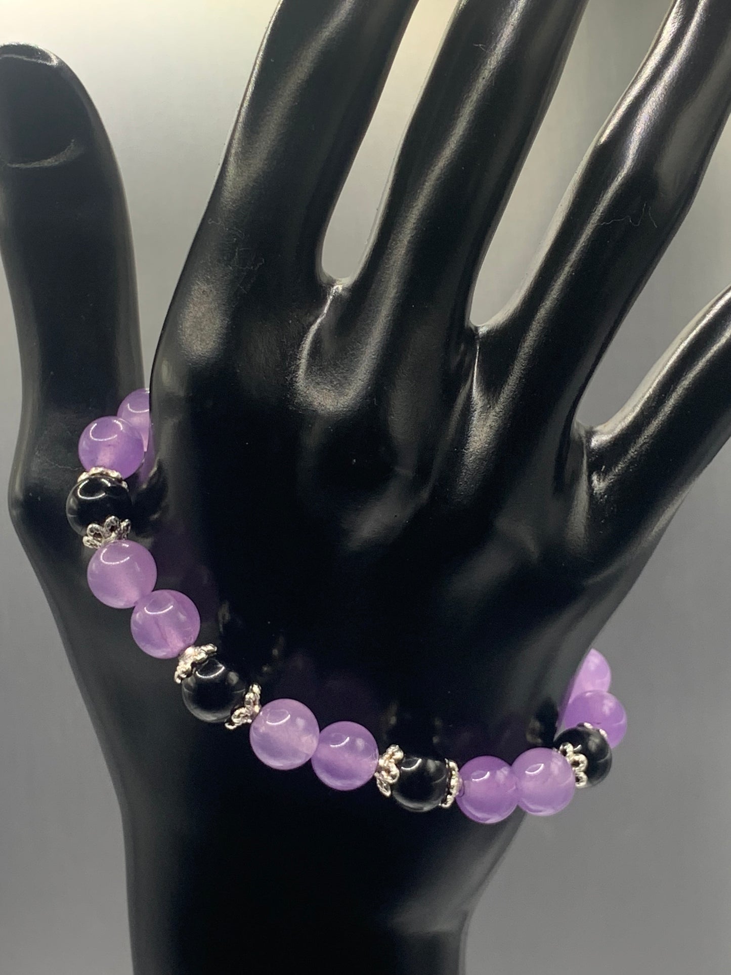 Black obsidian with lavender agate semi precious stone/crystal beaded elastic bracelet with silver plated flower bead caps