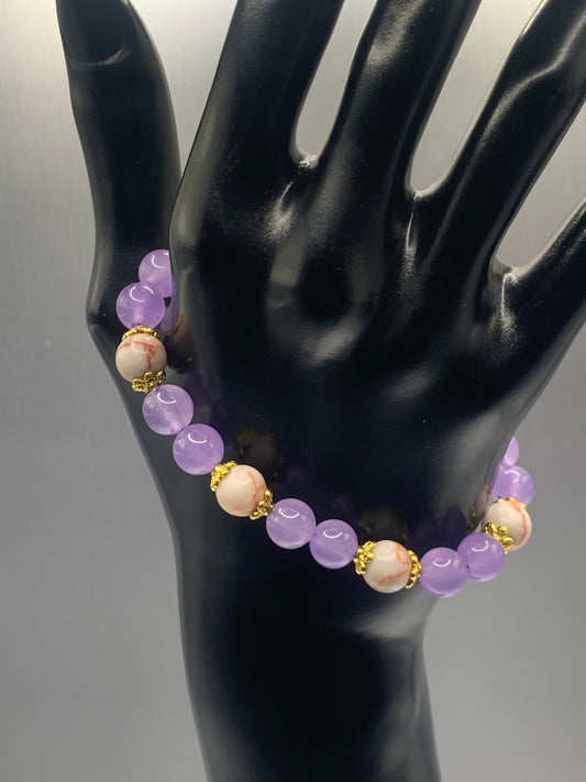 Red vein jasper and lavender agate semi precious stone/crystal elastic beaded bracelet with gold plated flower bead caps