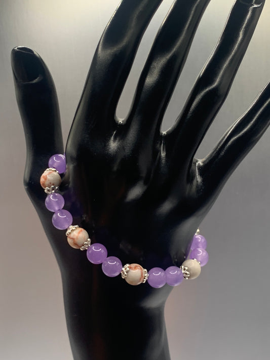 Red vein jasper and lavender agate semi precious stone/crystal elastic beaded bracelet with silver plated flower bead caps