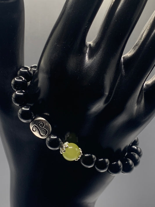 Leo Zodiac black obsidian with apple agate elastic beaded bracelet with silver accents