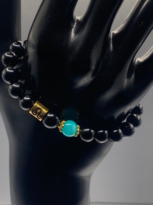 Leo Zodiac black obsidian with aquamarine chalcedony elastic beaded bracelet with gold accents