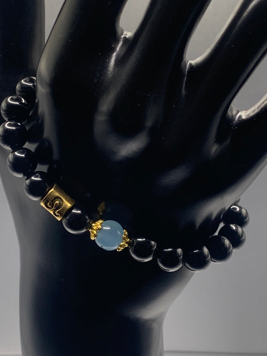 Leo Zodiac black obsidian with blue agate elastic beaded bracelet with gold accents