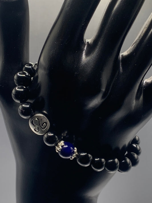 Leo Zodiac black obsidian with blue lace agate elastic beaded bracelet with silver accents