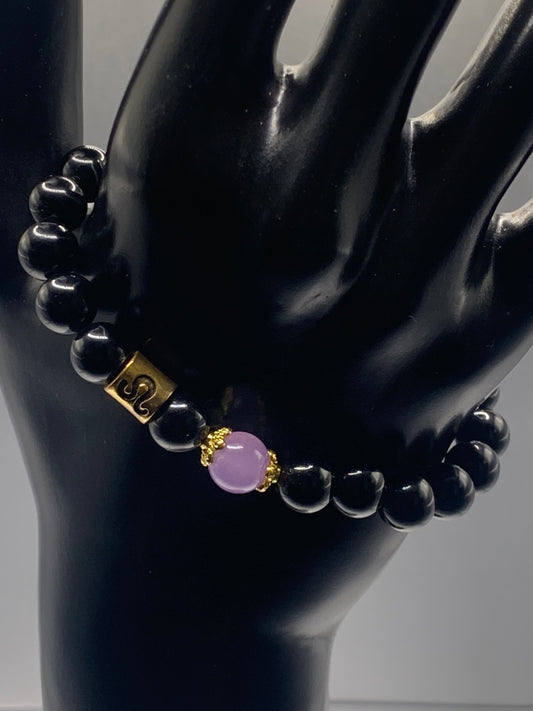 Leo Zodiac black obsidian with lavender agate elastic beaded bracelet with gold accents