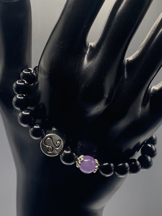 Leo Zodiac black obsidian with lavender agate elastic beaded bracelet with silver accents