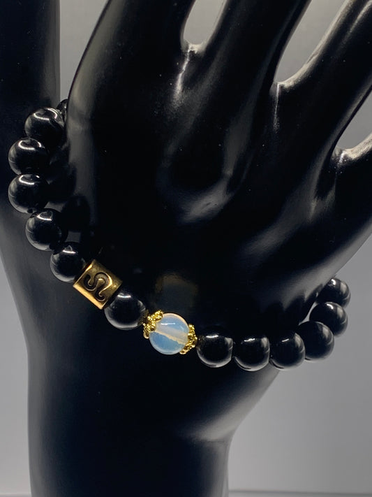 Leo Zodiac black obsidian with opalite elastic beaded bracelet with gold accents