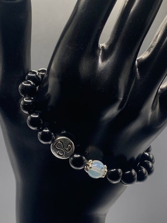 Leo Zodiac black obsidian with opalite elastic beaded bracelet with silver accents