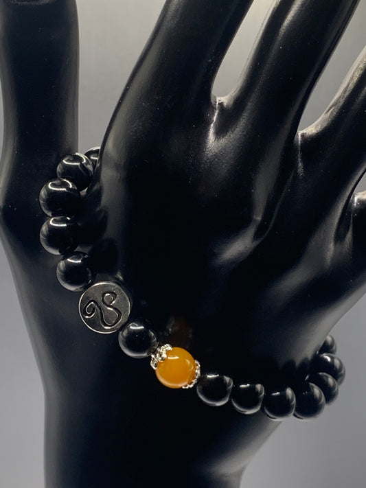 Leo Zodiac black obsidian with orange agate elastic beaded bracelet with silver accents