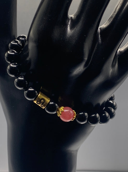 Leo Zodiac black obsidian with pink chalcedony elastic beaded bracelet with gold accents