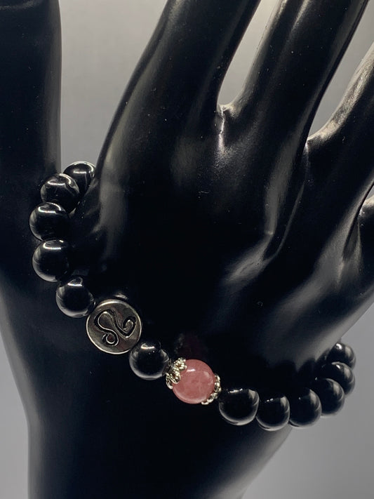 Leo Zodiac black obsidian with pink chalcedony elastic beaded bracelet with silver accents