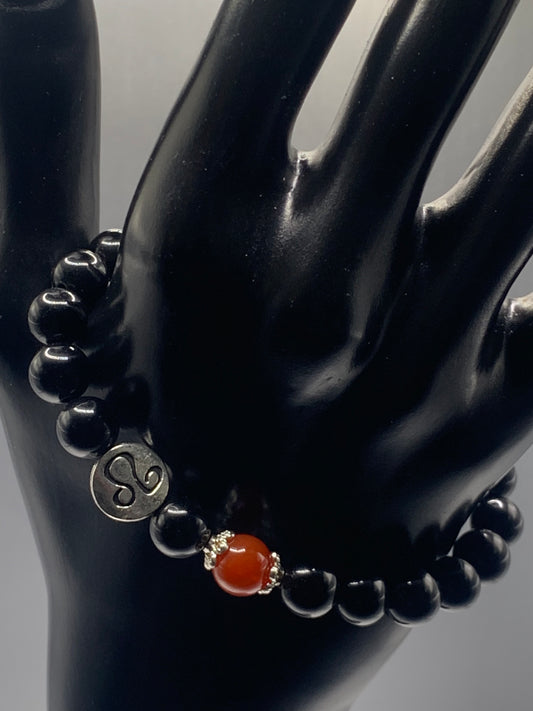 Leo Zodiac black obsidian with red agate elastic beaded bracelet with silver accents