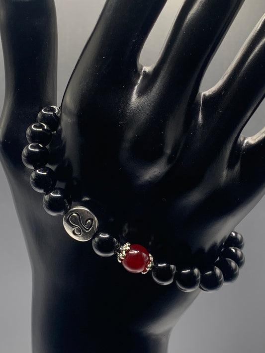 Leo Zodiac black obsidian with red chalcedony elastic beaded bracelet with silver accents