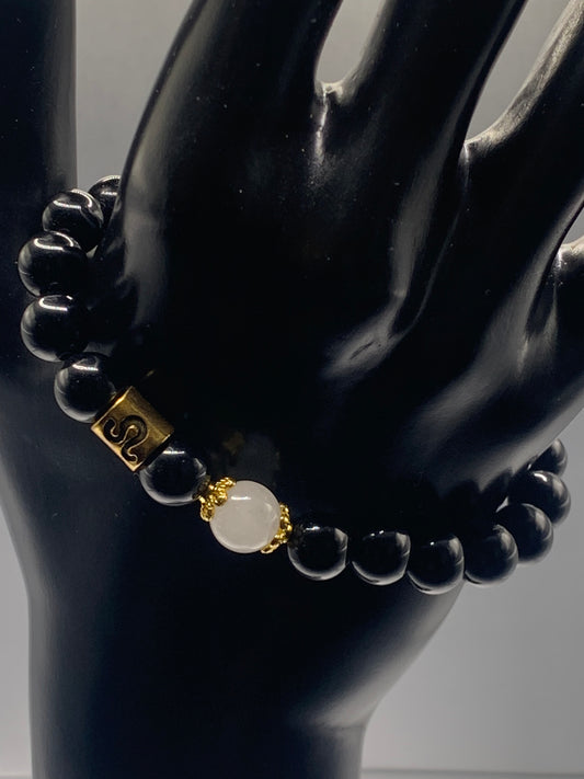 Leo Zodiac black obsidian with white chalcedony elastic beaded bracelet with gold accents