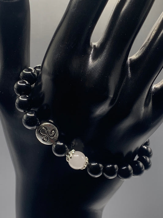 Leo Zodiac black obsidian with white chalcedony elastic beaded bracelet with silver accents