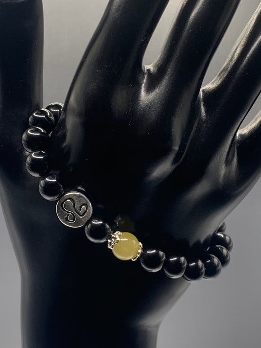 Leo Zodiac black obsidian with yellow agate elastic beaded bracelet with silver accents