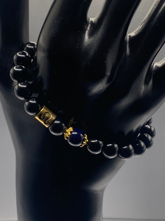 Leo Zodiac black obsidian with blue lace agate elastic beaded bracelet with gold accents