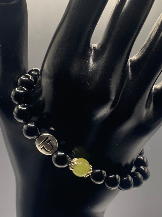 Libra  Zodiac black obsidian with apple agate elastic beaded bracelet with silver accents