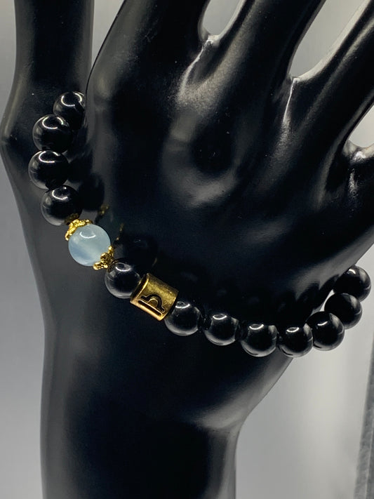 Libra (September 23 - October 22) Zodiac black obsidian with blue agate elastic beaded bracelet with gold accents