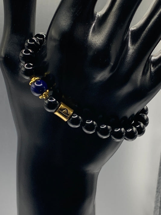 Libra Zodiac black obsidian with blue lace agate elastic beaded bracelet with gold accents