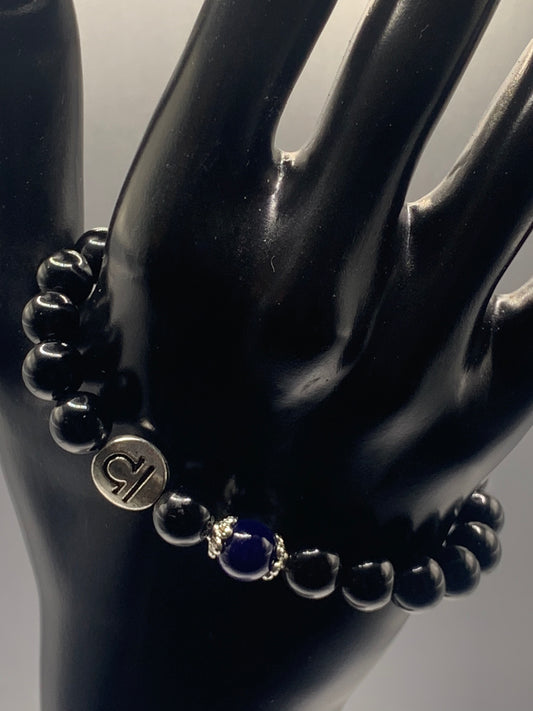 Libra Zodiac black obsidian with blue lace agate elastic beaded bracelet with silver accents
