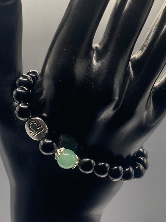 Libra Zodiac black obsidian with green aventurine elastic beaded bracelet with silver accents