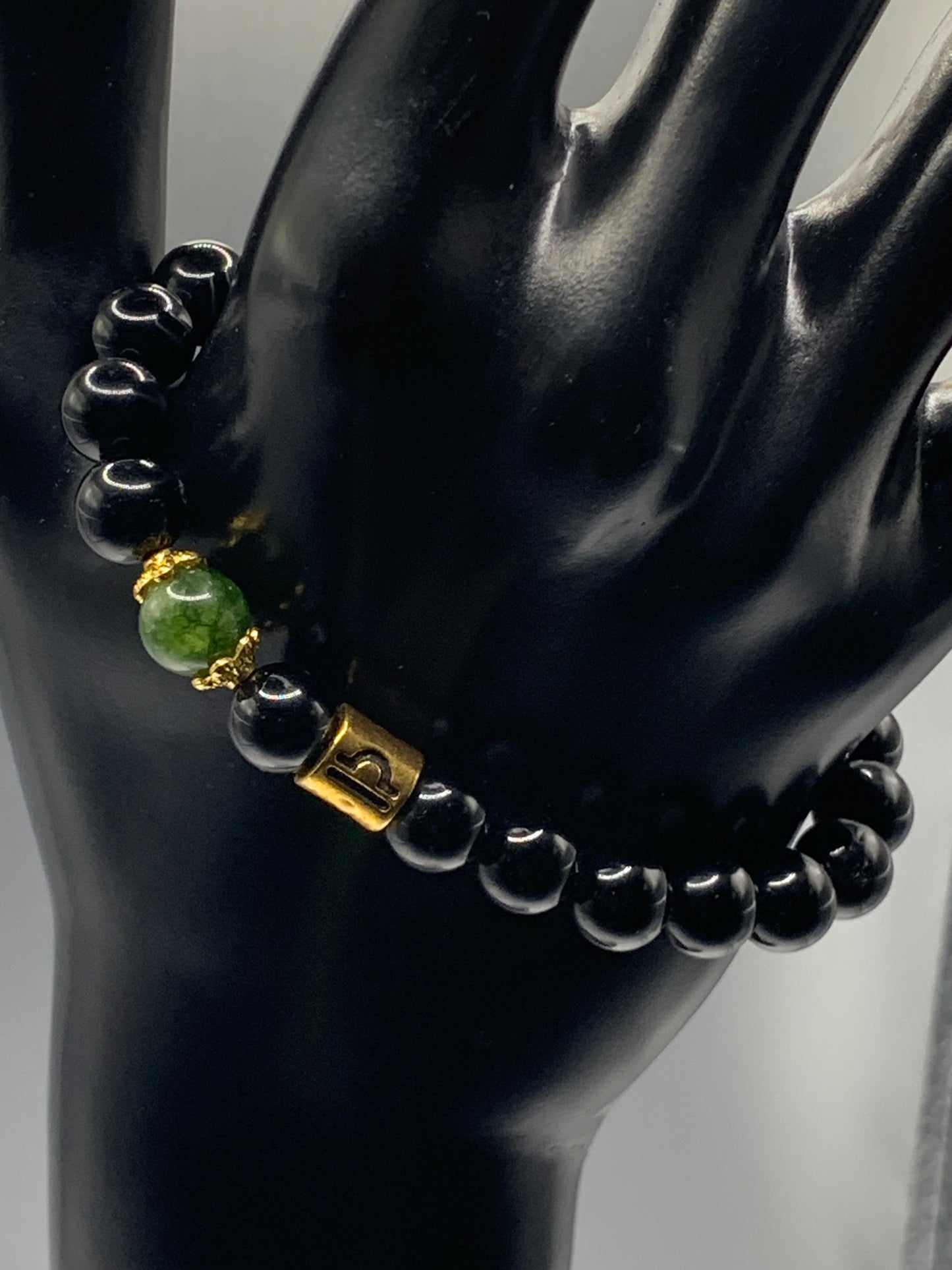 Libra Zodiac black obsidian with green tourmaline elastic beaded bracelet with gold accents