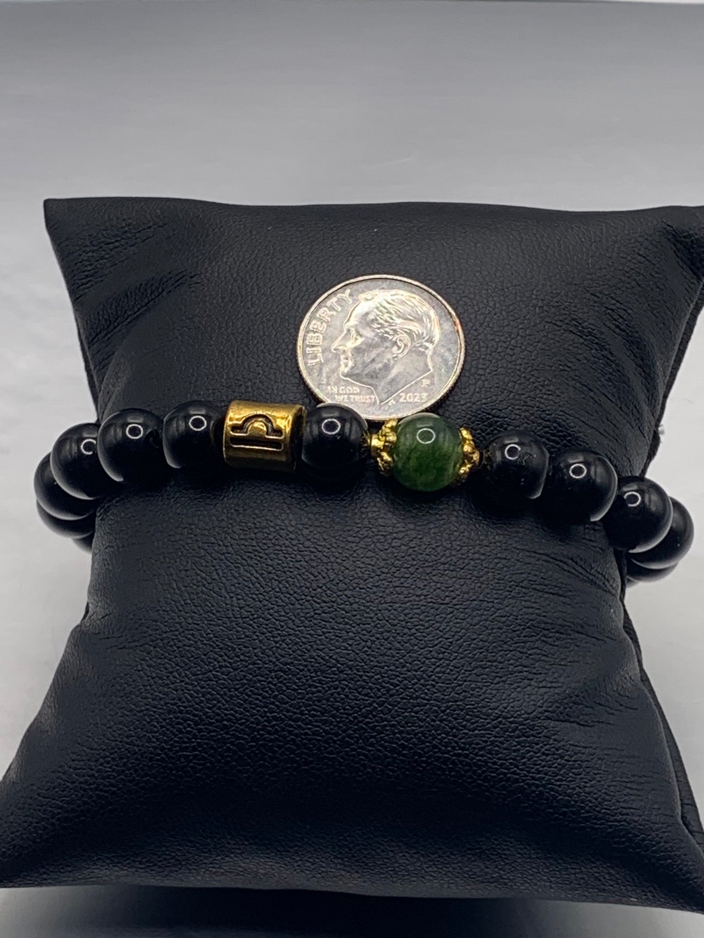 Libra Zodiac black obsidian with green tourmaline elastic beaded bracelet with gold accents
