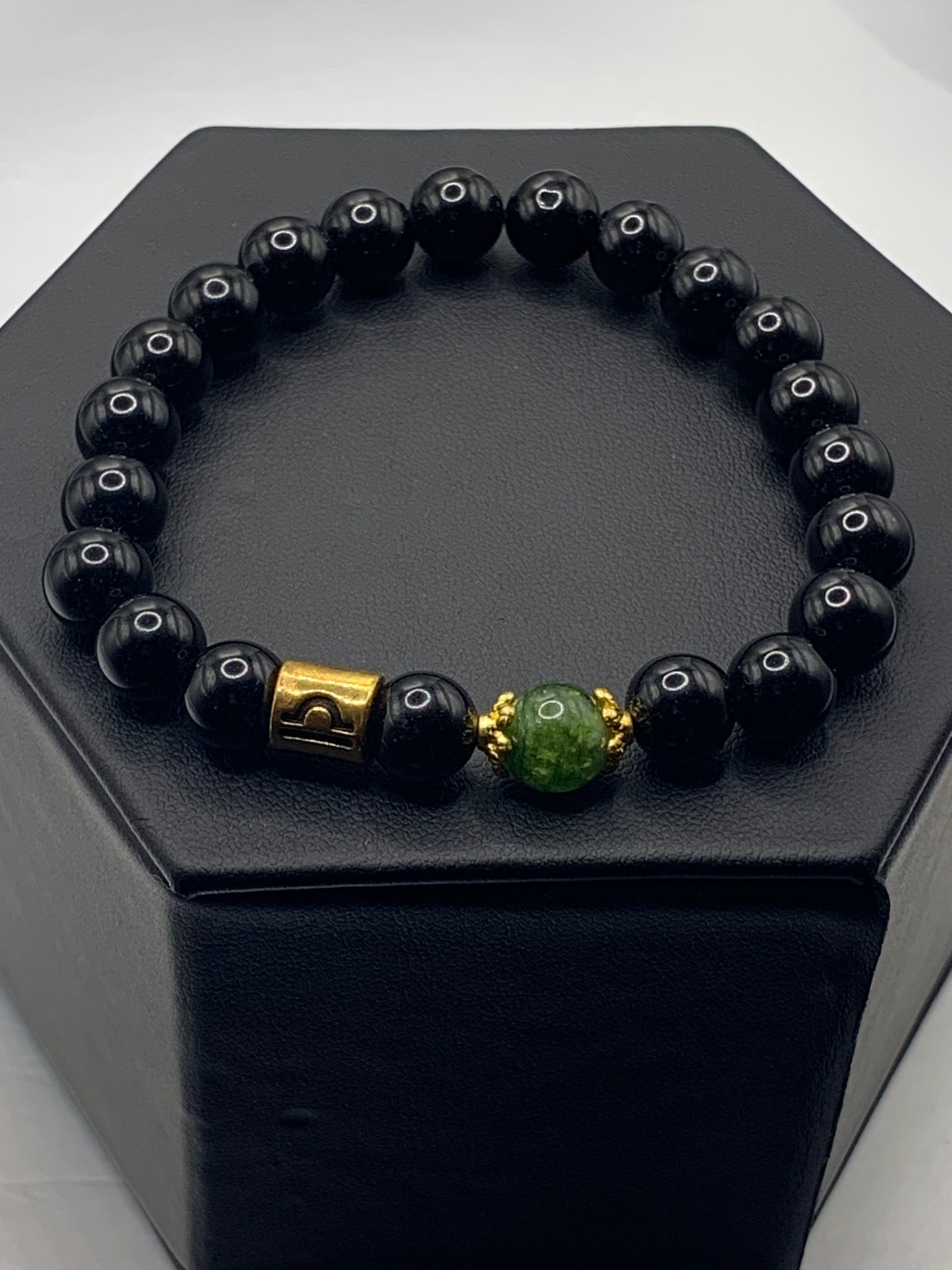 Libra Zodiac black obsidian with green tourmaline elastic beaded bracelet with gold accents
