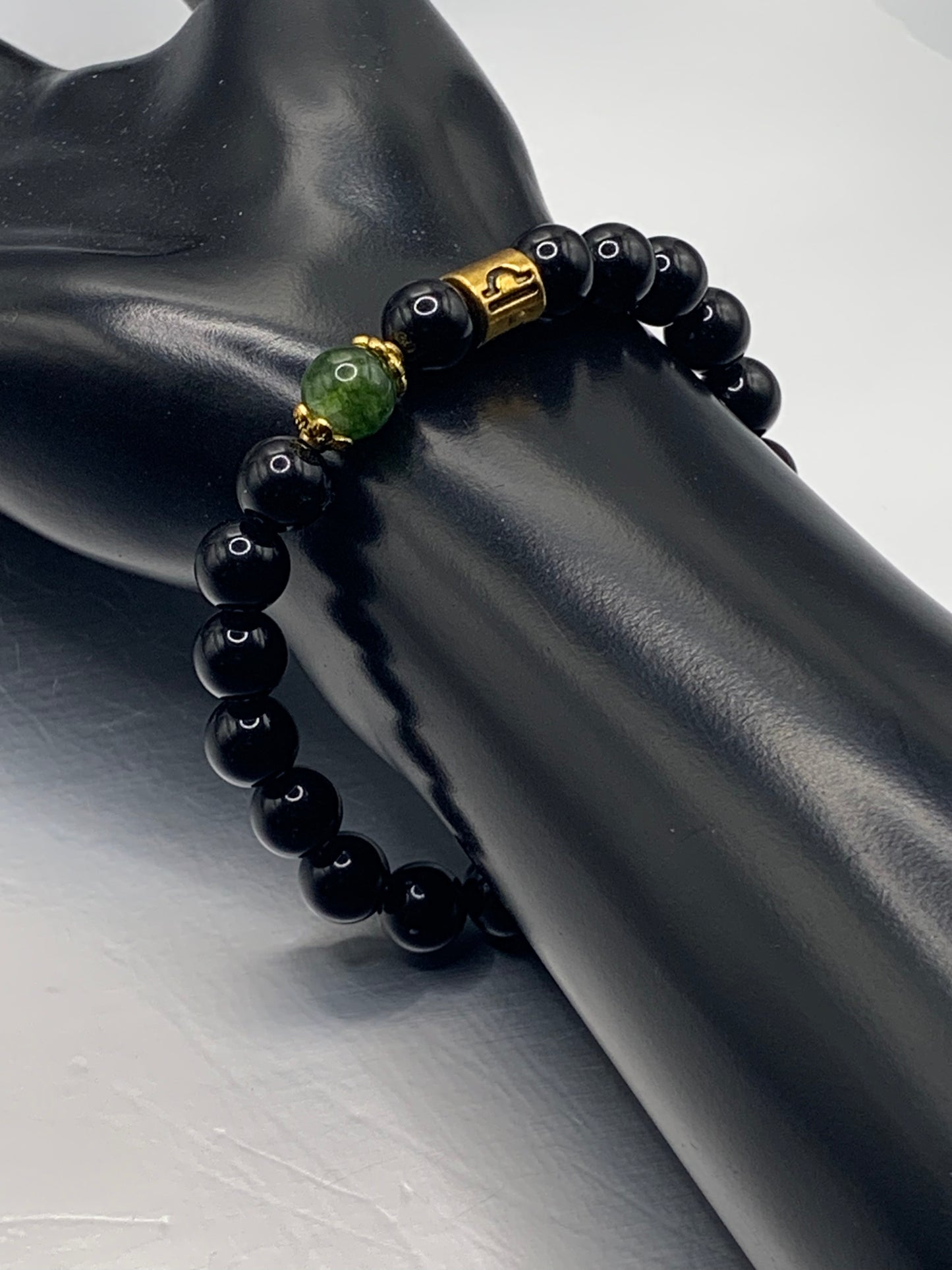 Libra Zodiac black obsidian with green tourmaline elastic beaded bracelet with gold accents