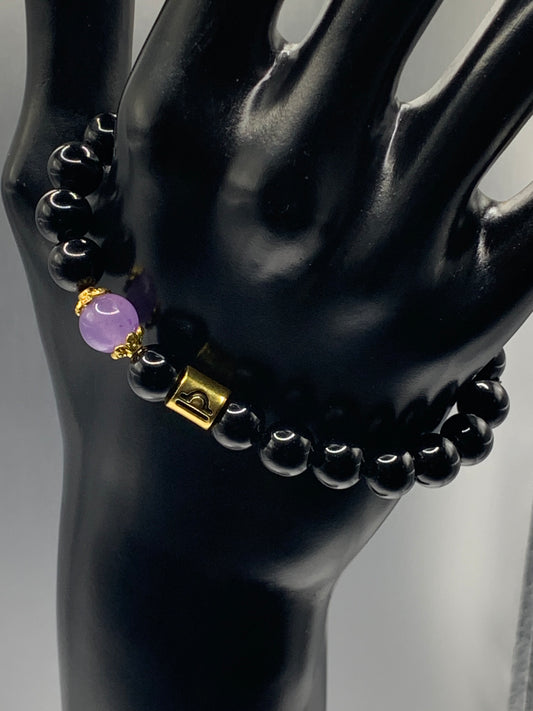 Libra Zodiac black obsidian with lavender agate elastic beaded bracelet with gold accents