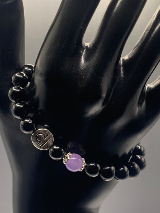 Libra Zodiac black obsidian with lavender agate elastic beaded bracelet with silver accents