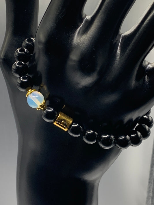 Libra (September 23 - October 22) Zodiac black obsidian with opalite elastic beaded bracelet with gold accents