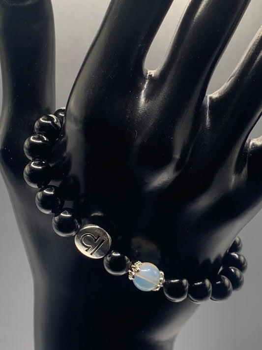 Libra  Zodiac black obsidian with opalite elastic beaded bracelet with silver accents