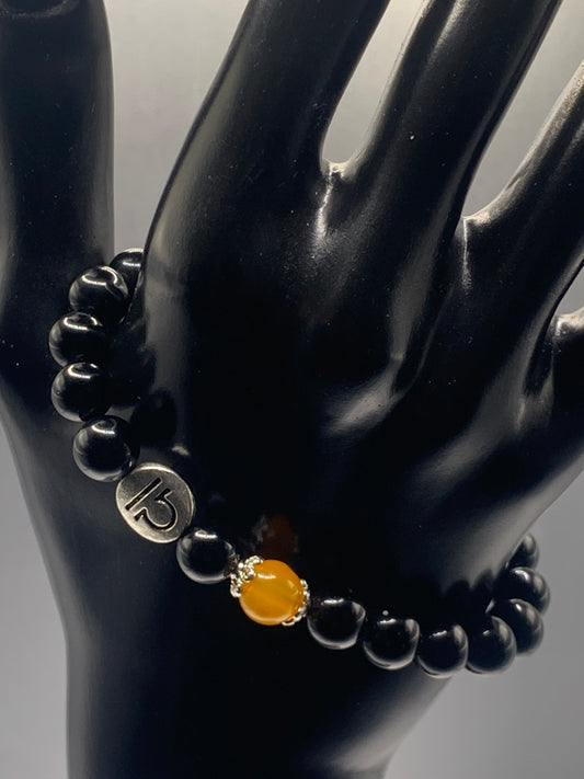 Libra Zodiac black obsidian with orange agate elastic beaded bracelet with silver accents