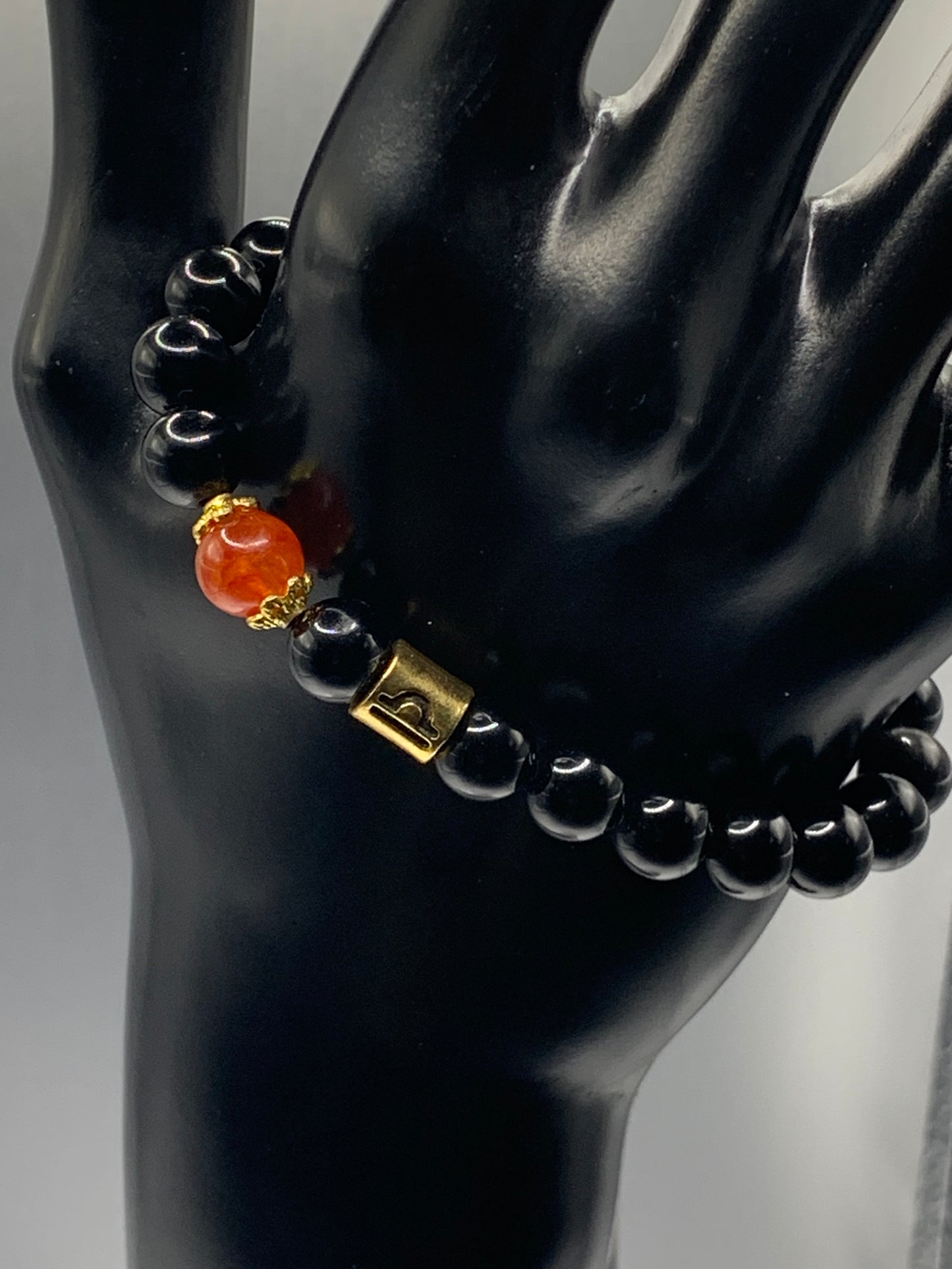 Libra Zodiac black obsidian with phoenix agate elastic beaded bracelet with gold accents
