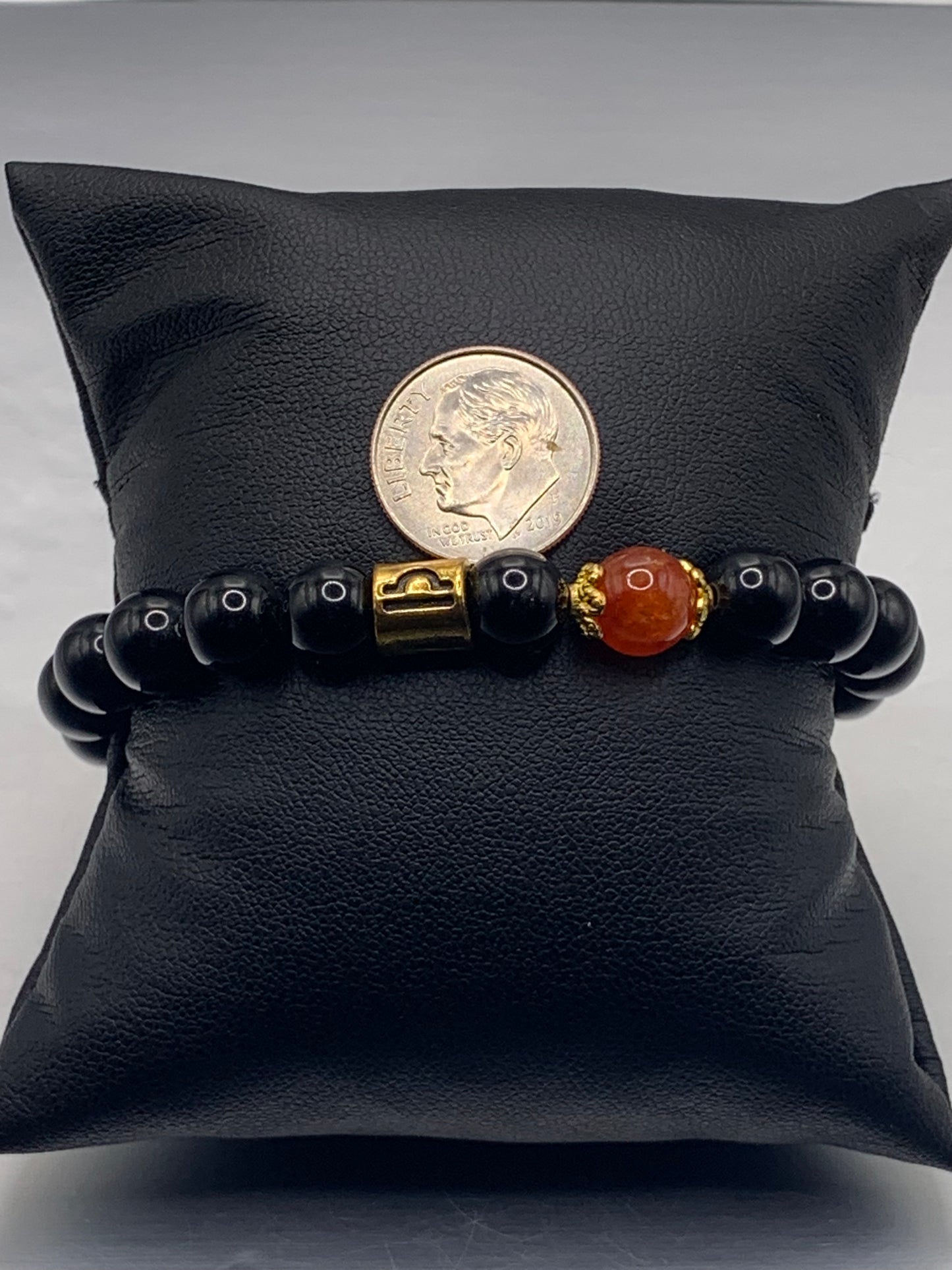 Libra Zodiac black obsidian with phoenix agate elastic beaded bracelet with gold accents