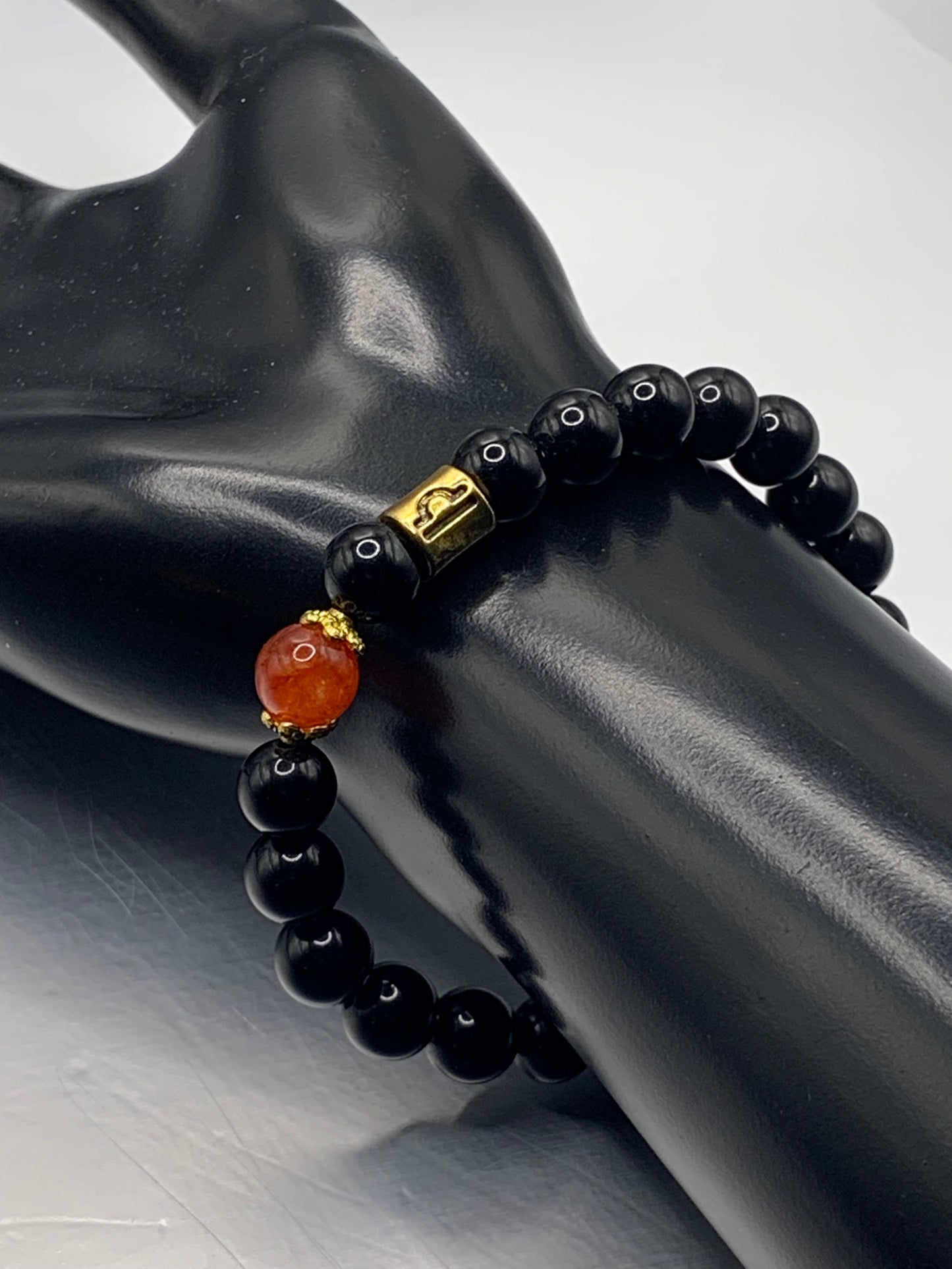 Libra Zodiac black obsidian with phoenix agate elastic beaded bracelet with gold accents