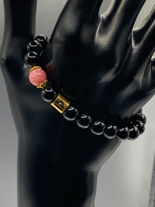 Libra Zodiac black obsidian with pink chalcedony elastic beaded bracelet with gold accents