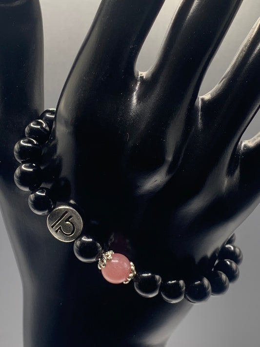 Libra Zodiac black obsidian with pink chalcedony elastic beaded bracelet with silver accents