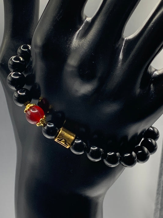 Libra Zodiac black obsidian with red chalcedony elastic beaded bracelet with gold accents