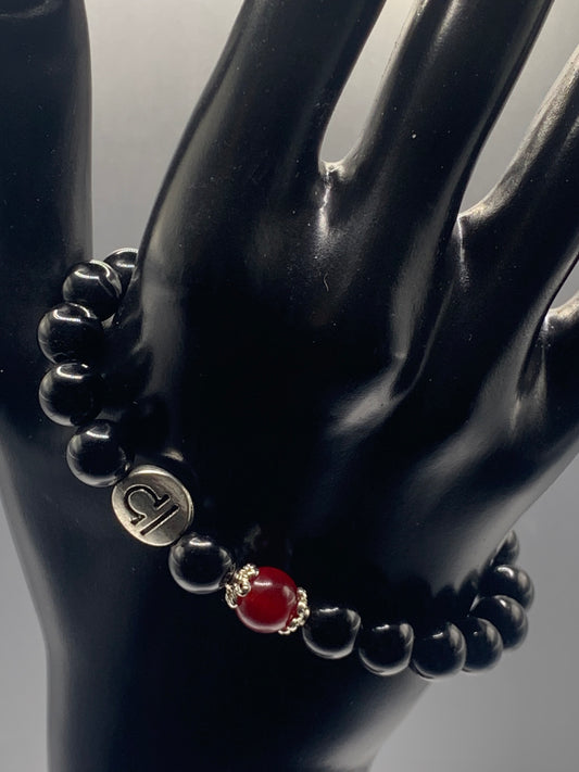 Libra Zodiac black obsidian with red chalcedony elastic beaded bracelet with silver accents