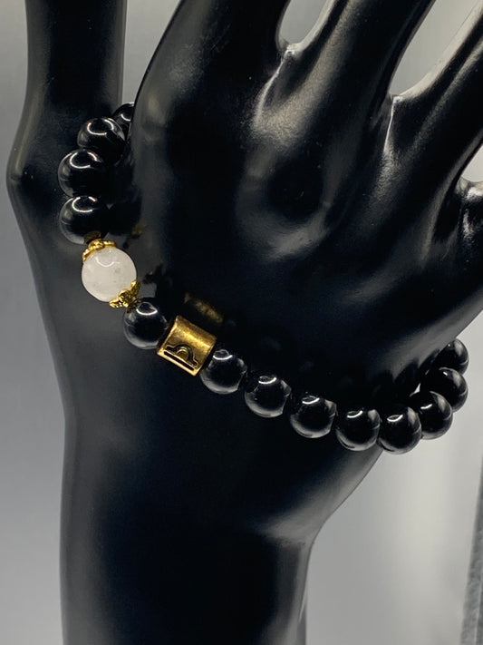Libra Zodiac black obsidian with white chalcedony elastic beaded bracelet with gold accents