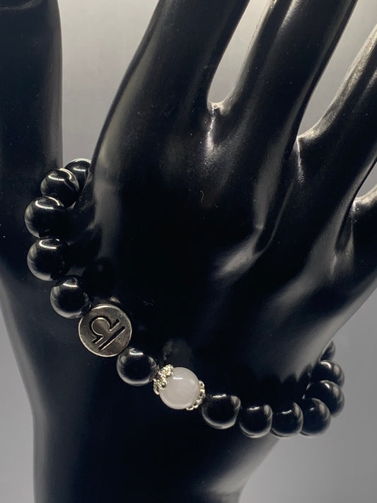 Libra Zodiac black obsidian with white chalcedony elastic beaded bracelet with silver accents